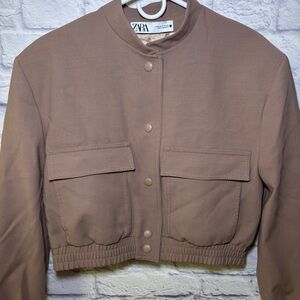 ZARA Dusty Mauve CROPPED MAXI BOMBER JACKET WITH POCKETS Medium Wool Blend